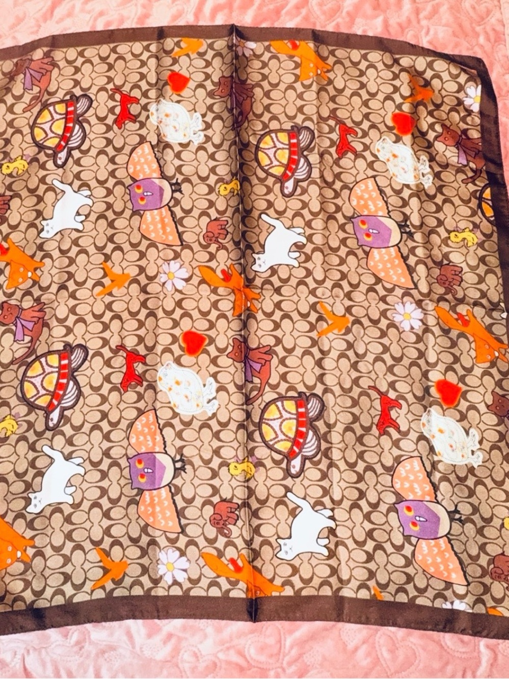 Brown Patterned Silk-Feel Headscarf with Orange Accents - Picture 7 of 11
